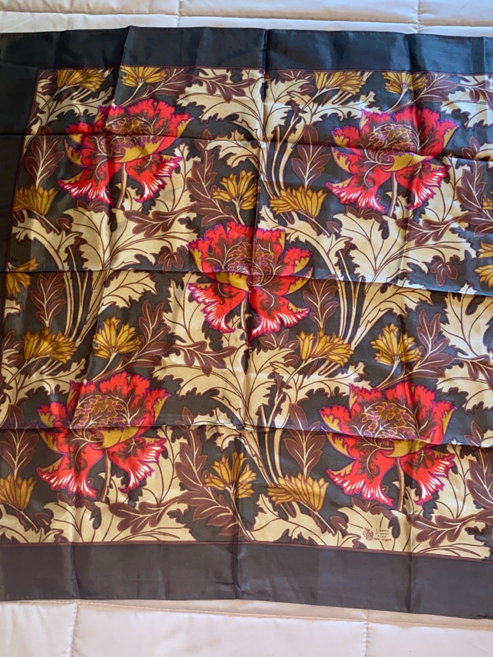 Liberty of London Red, Gold and Brown Floral Silk Square Scarf